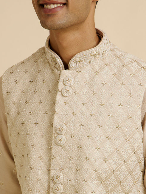 Manyavar Beige Buta Jaal Embroidered Nehru Jacket