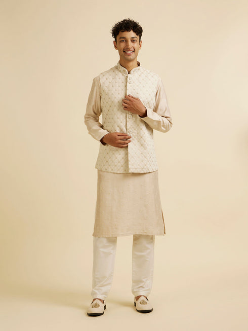 Manyavar Beige Buta Jaal Embroidered Nehru Jacket