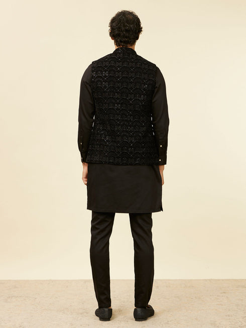Manyavar Kohl Black Scallop Shell Patterned Nehru Jacket