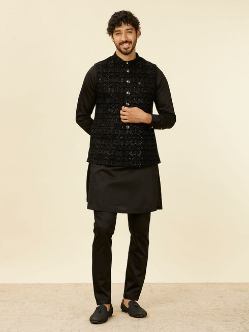 Manyavar Kohl Black Scallop Shell Patterned Nehru Jacket