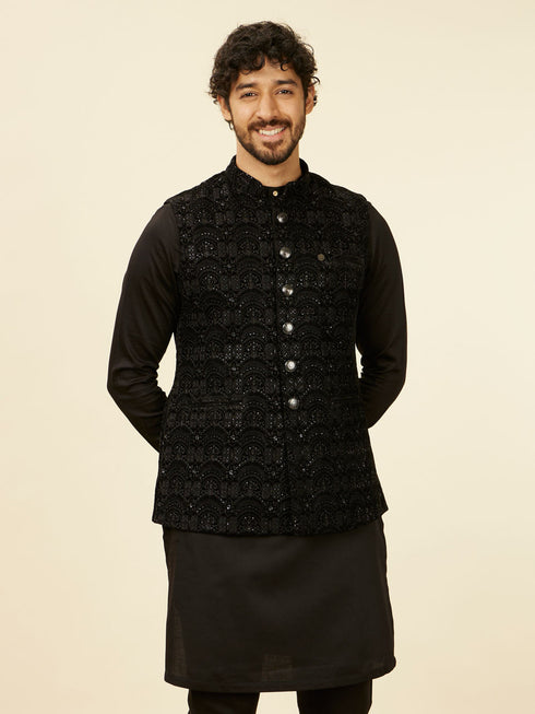 Manyavar Kohl Black Scallop Shell Patterned Nehru Jacket