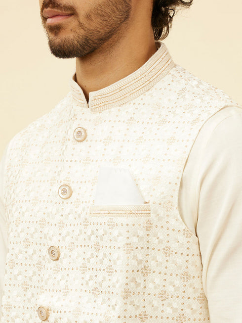 Manyavar Warm White Lattice Patterned Sequinned Jacket