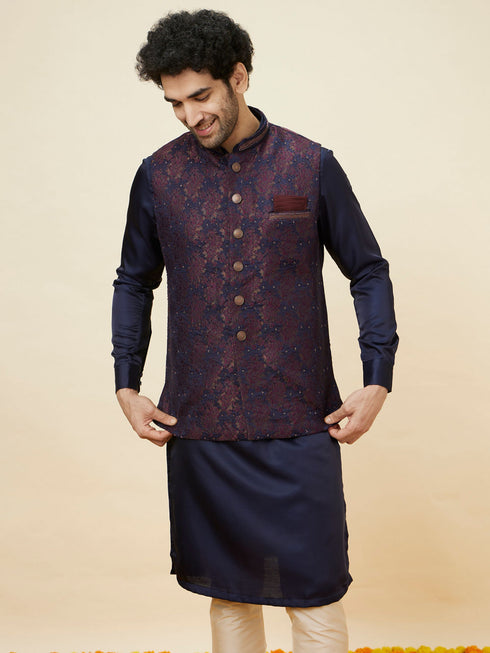 Manyavar Midnight Blue Floral Pattern Jacket