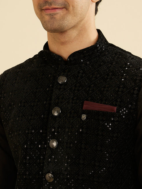 Manyavar Midnight Black Diamond Patterned Jacket