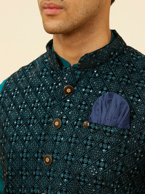 Manyavar Teal Blue Sequined Embroidered Jacket