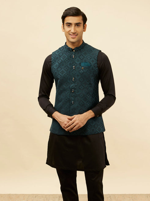 Manyavar Imperial Blue Grid Patterned Jacket