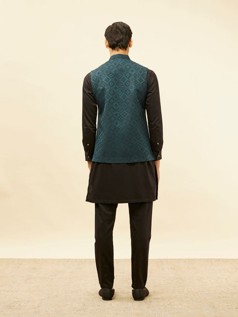 Manyavar Imperial Blue Grid Patterned Jacket