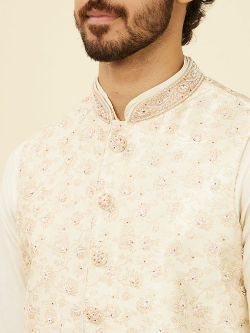 Manyavar Warm Cream Bel Buti Patterned Nehru Jacket