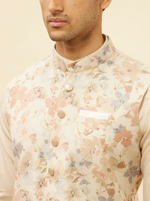 Manyavar Cream Beige Floral Printed Jacket