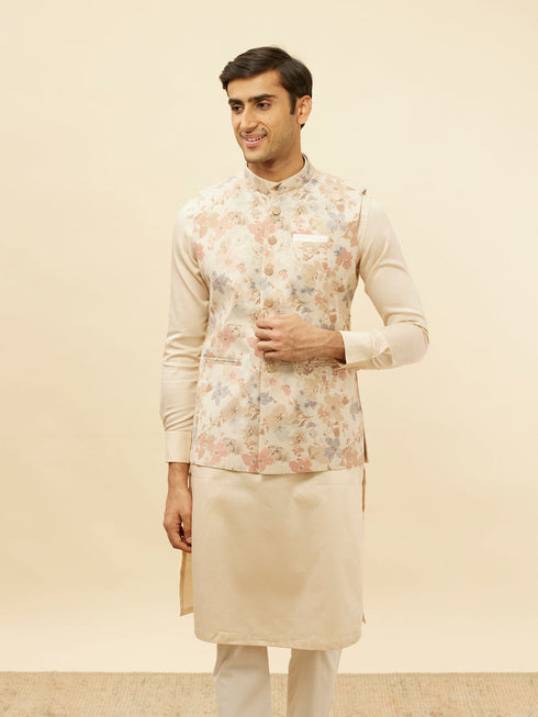 Manyavar Cream Beige Floral Printed Jacket