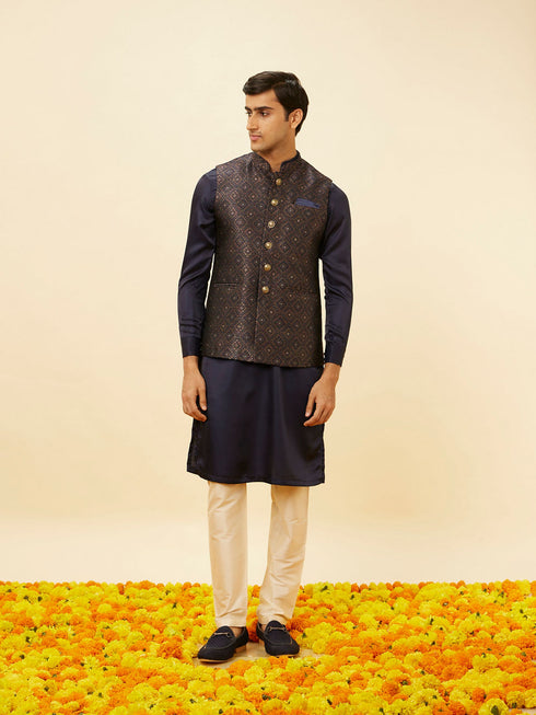 Manyavar Navy Blue Imperial Trellis Patterned Jacket