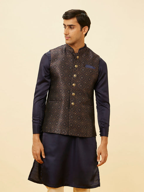 Manyavar Navy Blue Imperial Trellis Patterned Jacket