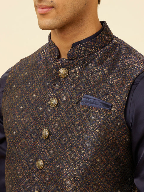 Manyavar Navy Blue Imperial Trellis Patterned Jacket