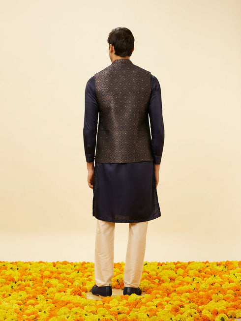 Manyavar Navy Blue Imperial Trellis Patterned Jacket