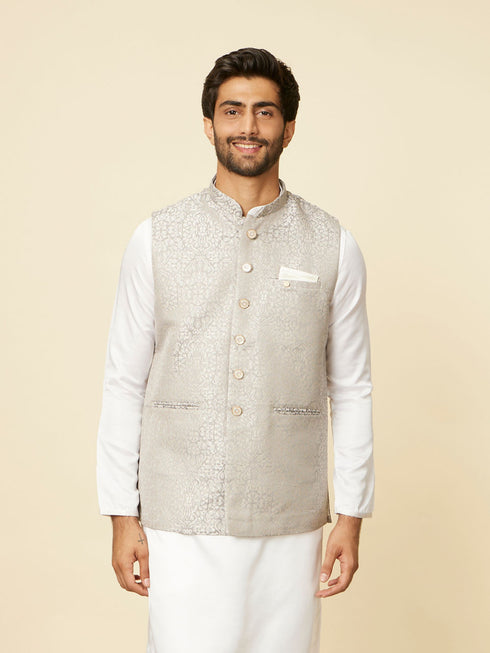Manyavar Light Grey Medallion Patterned Nehru Jacket
