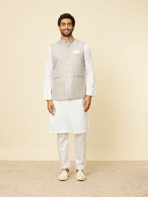 Manyavar Light Grey Medallion Patterned Nehru Jacket