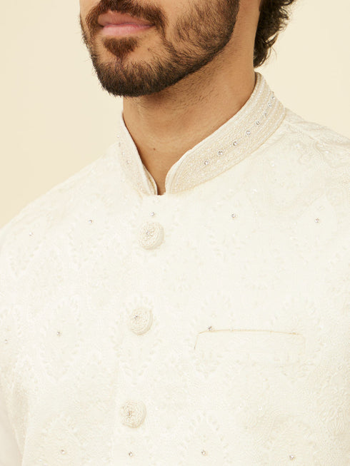 Manyavar Warm White Medallion Patterned Nehru Jacket