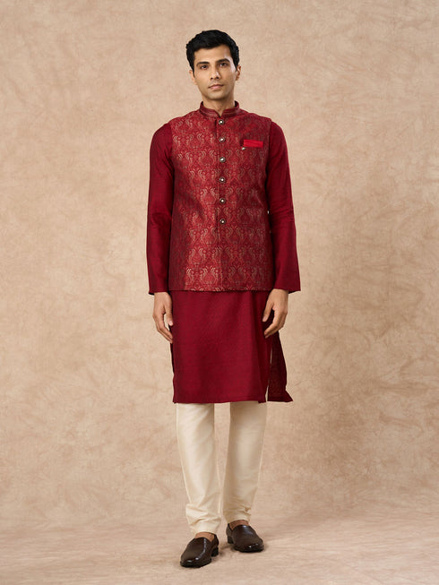Manyavar Red Brocade Nehru Jacket with Pocket Square