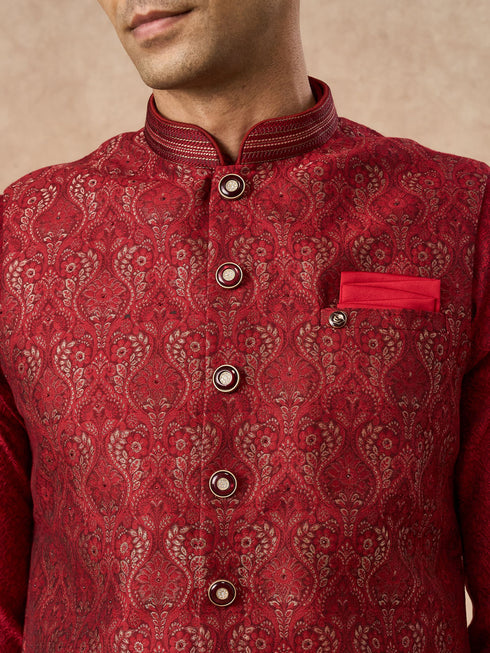 Manyavar Red Brocade Nehru Jacket with Pocket Square