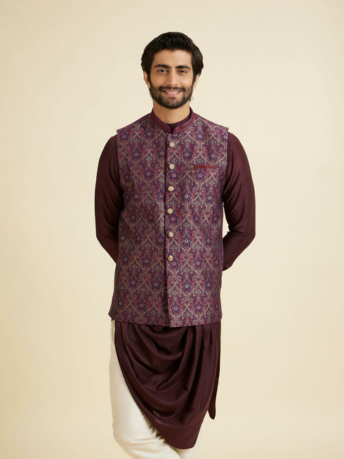 Manyavar Wine-Toned Opulent Nehru Jacket