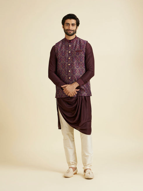 Manyavar Wine-Toned Opulent Nehru Jacket