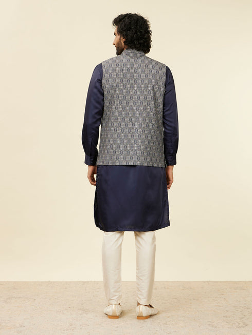 Manyavar Dark Blue Medallion Patterned Nehru Jacket