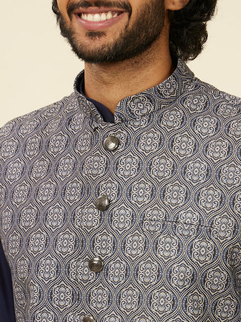 Manyavar Dark Blue Medallion Patterned Nehru Jacket
