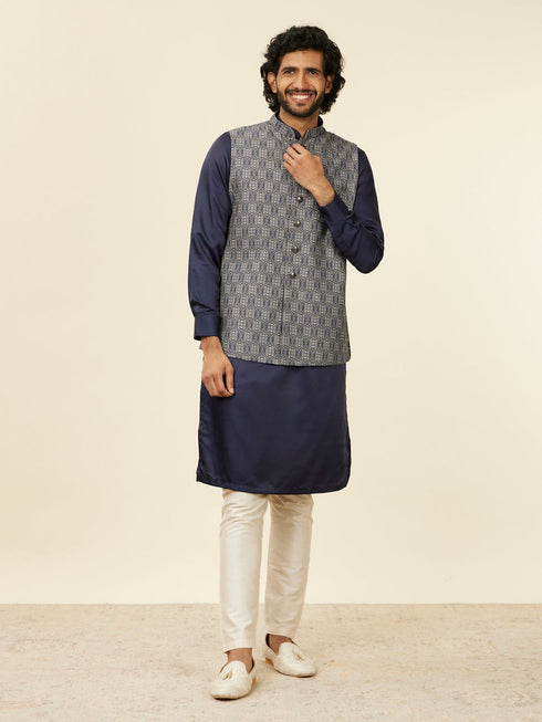 Manyavar Dark Blue Medallion Patterned Nehru Jacket