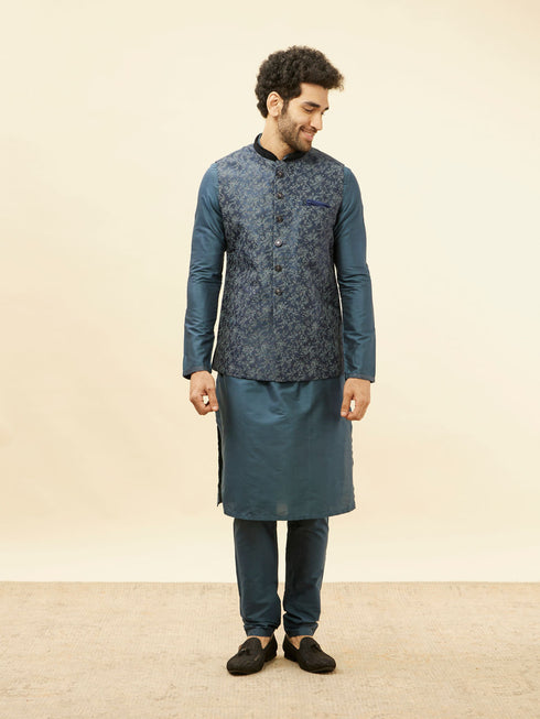 Manyavar Metallic Blue Bel Buti Printed Jacket