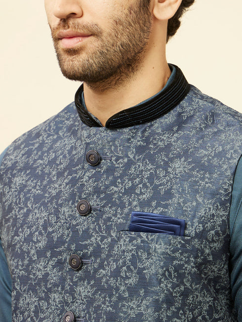 Manyavar Metallic Blue Bel Buti Printed Jacket