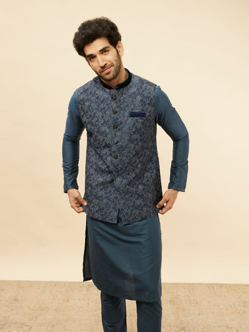 Manyavar Metallic Blue Bel Buti Printed Jacket
