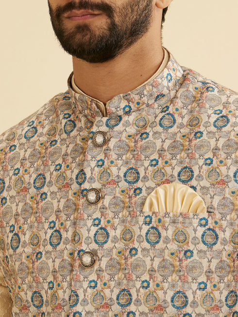 Manyavar Cream Beige Abstract Printed Jacket