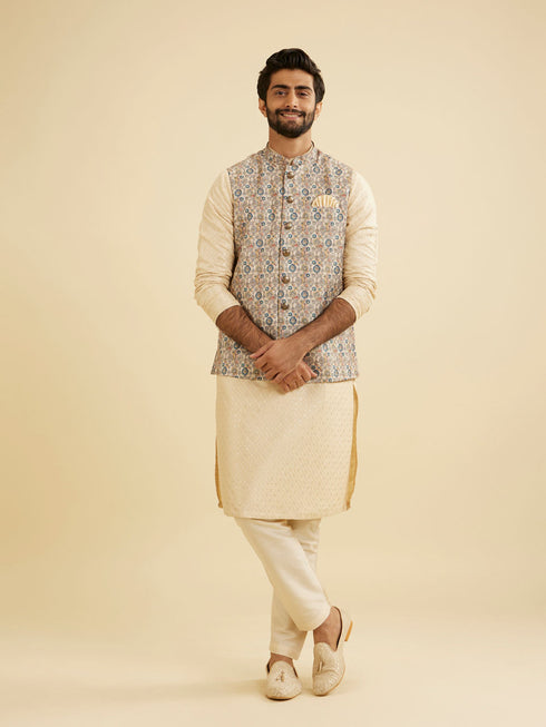 Manyavar Cream Beige Abstract Printed Jacket