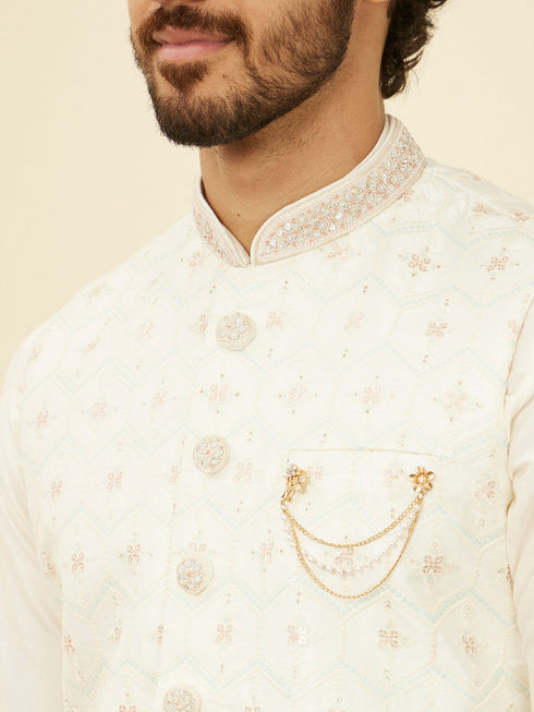 Manyavar Warm White Floral Printed Nehru Jacket