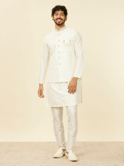 Manyavar Warm White Floral Printed Nehru Jacket