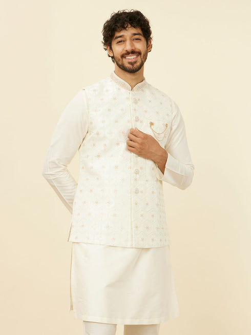 Manyavar Warm White Floral Printed Nehru Jacket