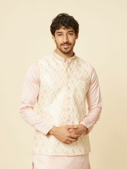 Manyavar Soft Cream Floral Embroidered Jacket