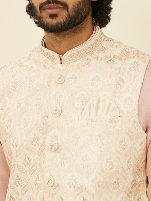 Manyavar Cream Beige Floral Patterned Nehru Jacket