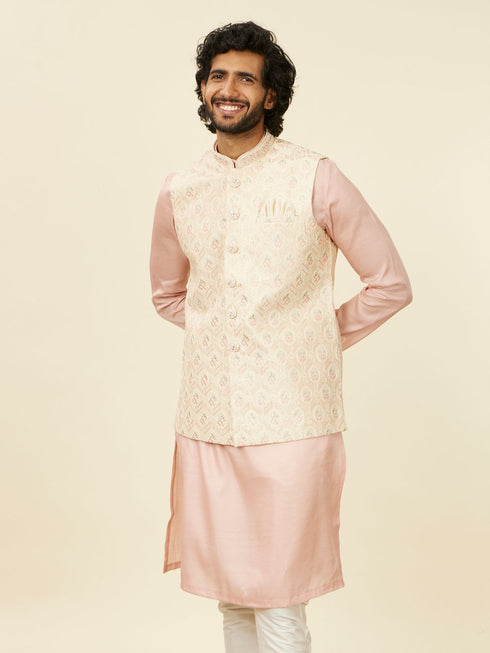 Manyavar Cream Beige Floral Patterned Nehru Jacket