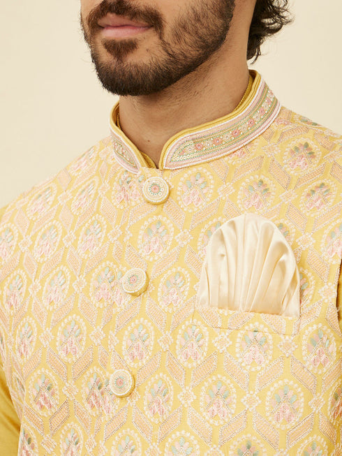 Manyavar Yellow Floral Printed Nehru jacket