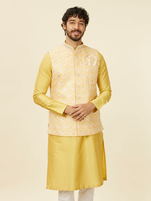 Manyavar Yellow Floral Printed Nehru jacket