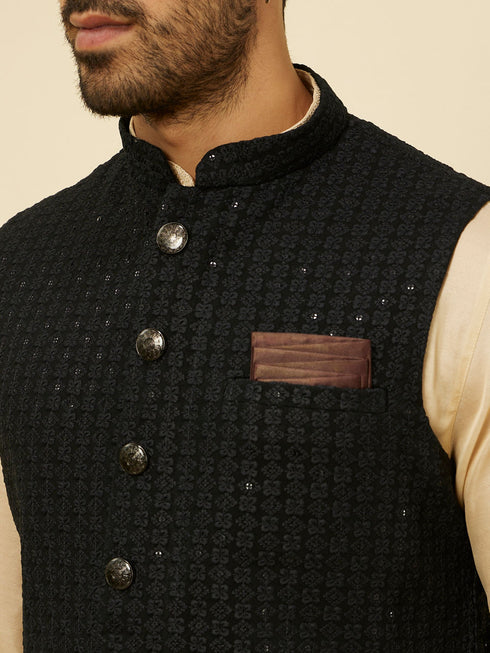 Manyavar Kohl Black Self Patterned Jacket