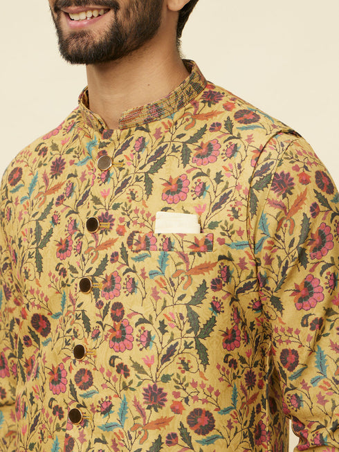 Manyavar Sepia Yellow Bel Buti Patterned Jacket