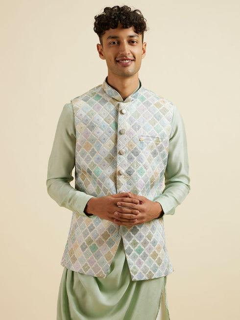 Manyavar Light Mid Green Harlequin Print Jacket