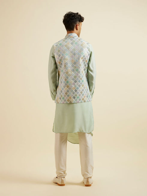 Manyavar Light Mid Green Harlequin Print Jacket