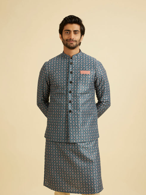 Manyavar Teal Blue Jaal Patterned Chikankari Embroidered Jacket