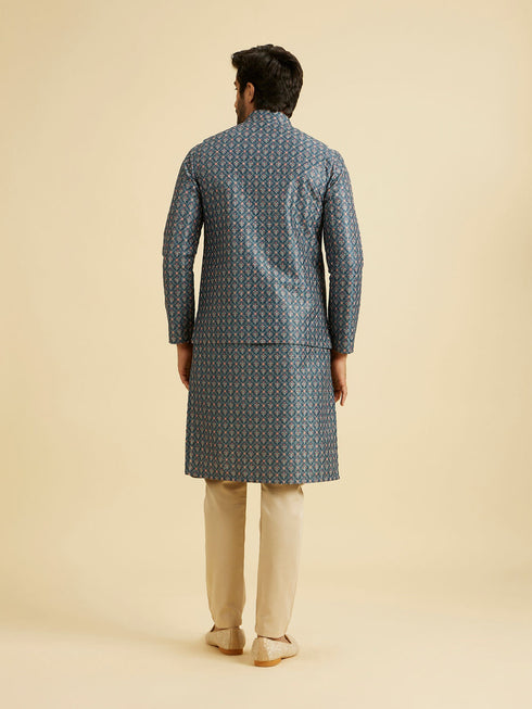 Manyavar Teal Blue Jaal Patterned Chikankari Embroidered Jacket