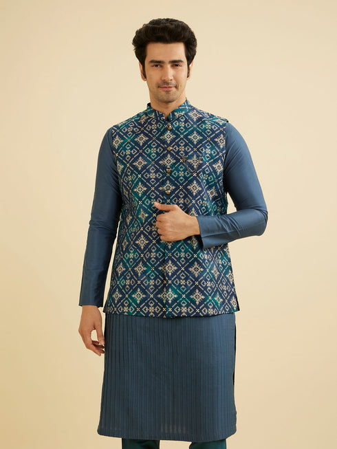 Manyavar Teal Blue Grid Patterned Jacket