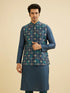 Manyavar Teal Blue Grid Patterned Jacket