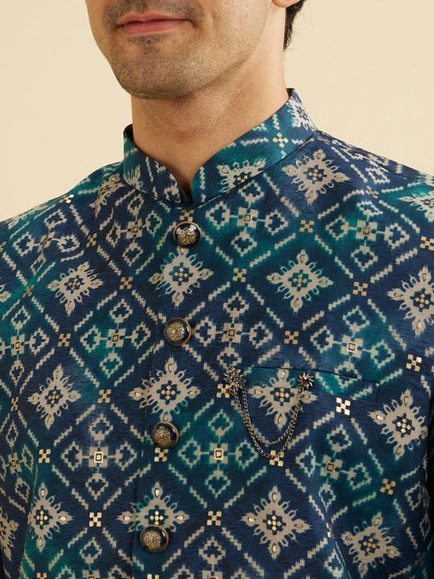 Manyavar Teal Blue Grid Patterned Jacket